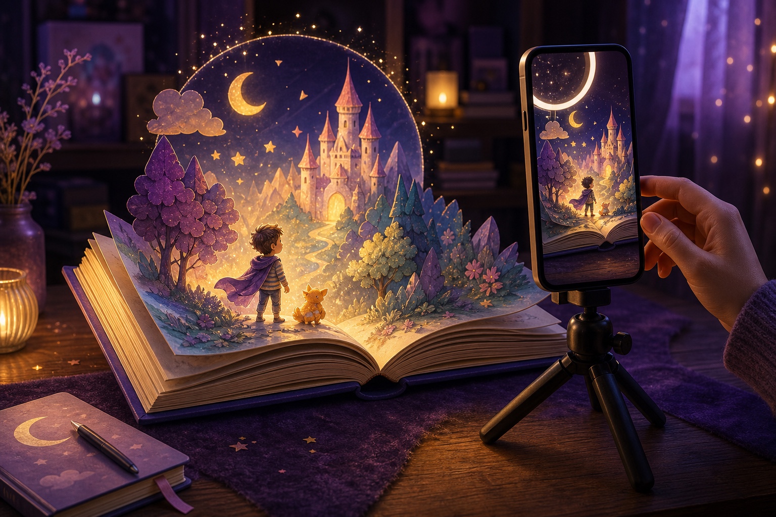 Смартфон снимает открытую книгу, из которой вырастает волшебный мир